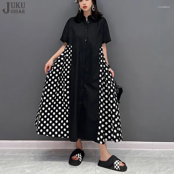 Partykleider kurzarmiger Knopf auf Sommerfrau Langes schwarzes Hemdkleid gedruckte gedruckte Lose Fit Japaner Stil Casual Robe JJXD364