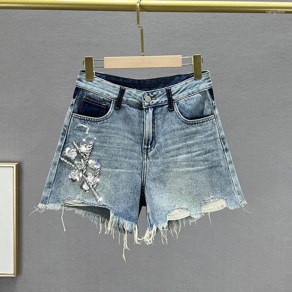 Jeans feminino rasgado shorts jeans calças femininas 2024 Verão na cintura alta emagrecer lantejoulas de lantejoulas largas