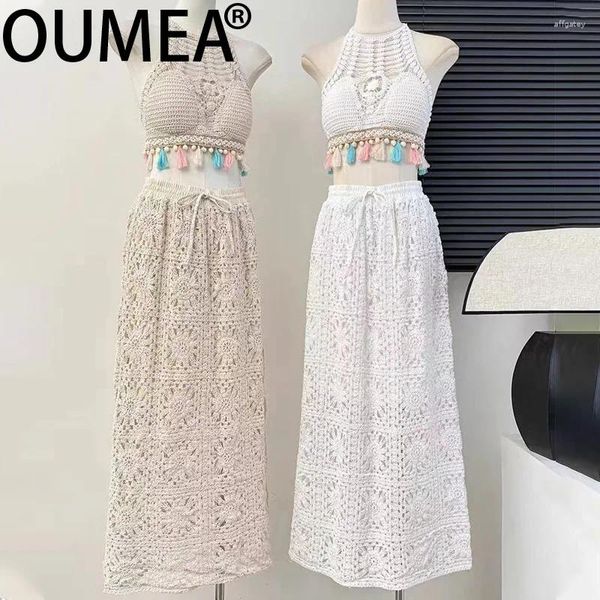 Vestidos de trabalho oumea algodão crochê de duas peças conjuntos de pescoço de halter de tricô de malha de malha