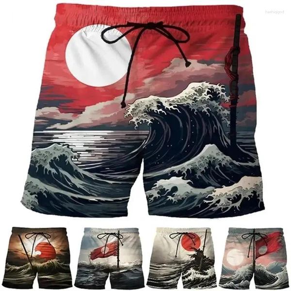 Мужские шорты Sunrise Ocean Wave Ink Периорижа Японского стиля короткие брюки 3d Принт гавайских гавайских стволов 2024 г.