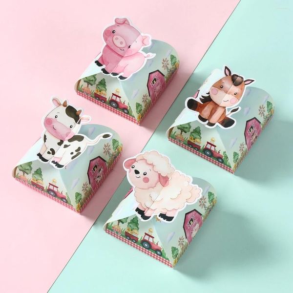 Geschenkverpackung 12pcs Farm Themenpapier Süßigkeiten Kuchen Cookie Box Cartoon Tierverpackung Geburtstag Hochzeit Dekor Partyzubehör Babyparty