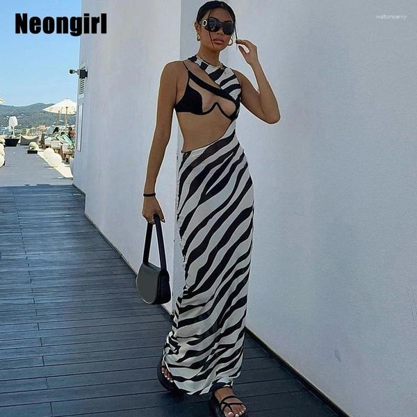 Повседневные платья Orangeg Beachwear 2024 Summer Zebra Long Dress Women One Sholder без рукавов сетка Прозрачная полоса