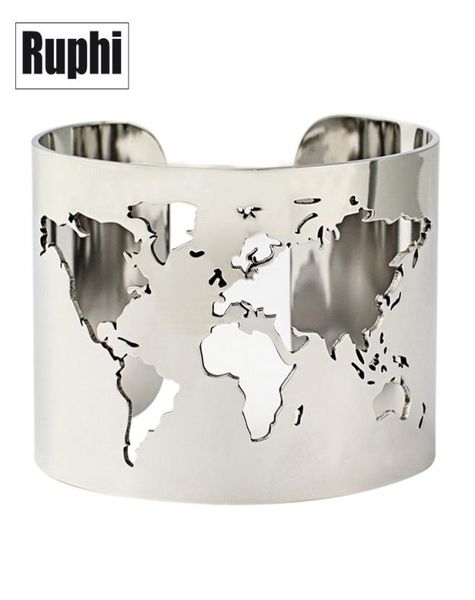 Mapa mundial recortar puxador de pulseira de punho de puxão jóias de paz aço inoxidável de 40 mm de largura gravação ângulo de círculo polido fino j3491296