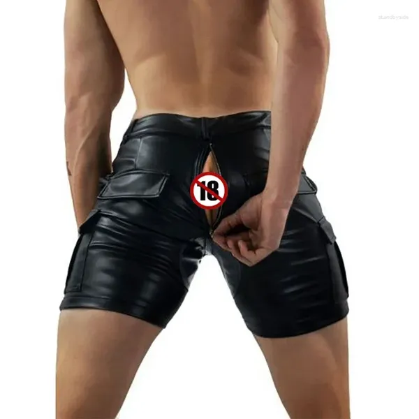 Herren Shorts exotischer offener Schritt schwarzer mattes Leder sexy pu Low Taille Reißverschluss mit Pocket Nightclub Kostüm Custom Clubwear