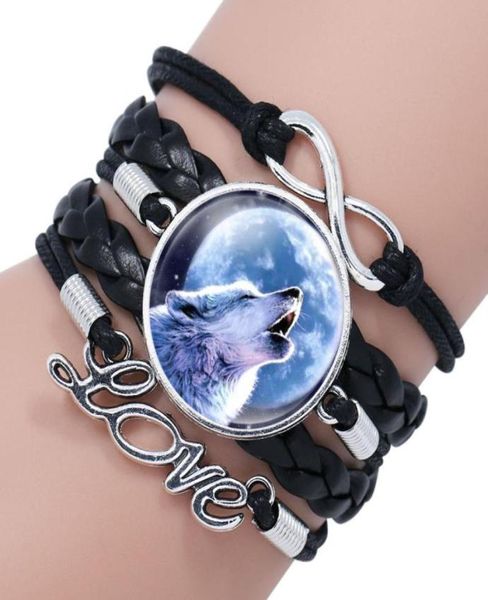 Tennis schwarz Farbe Gothic Wolf Mondglas Dome Charm Multilayer Leder Armband Armreifen Schmuck Juwel Sirius Accessoires 7586562