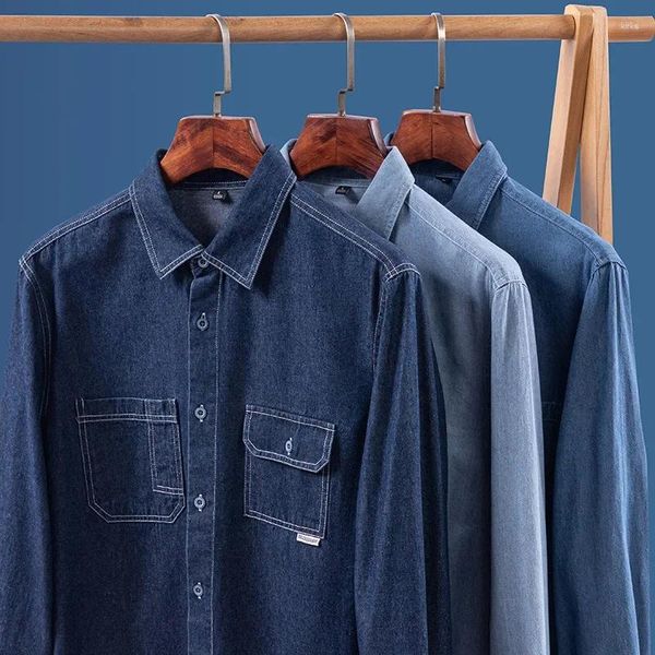 Camisas casuais masculinas Camisa de roupas da primavera outono de bolso duplo denim retro lavado manga longa versátil top