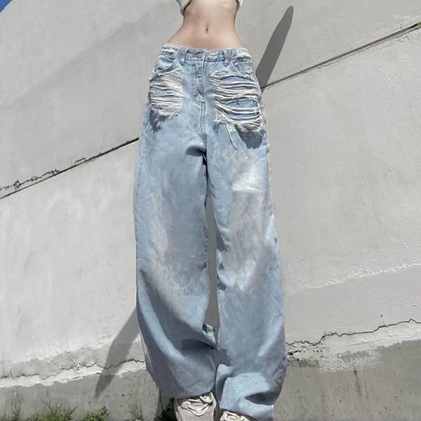 Jeans femininos picantes garotas antigas y2k de cintura baixa solta tubo reto buraco quebrado hole drape feminino 2024 calça