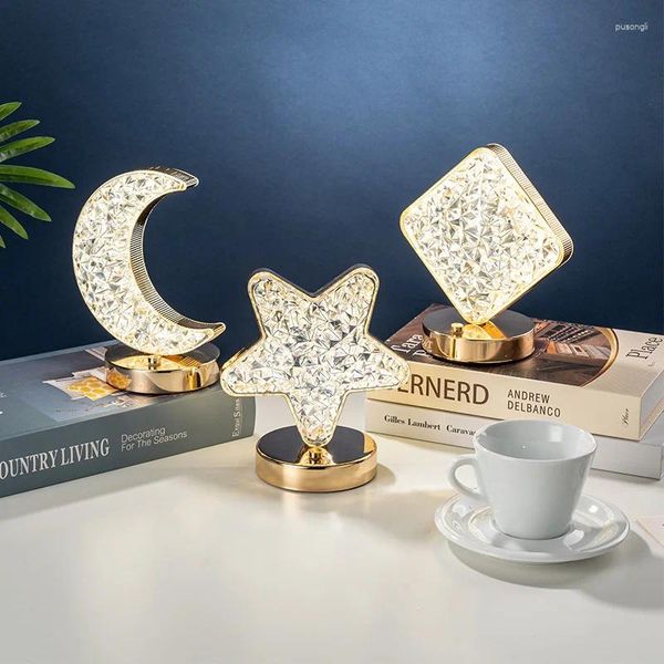 Lâmpadas de mesa LED Crystal Atmosfera Lâmpada Lua Estrela Quadrada quadrada 3 cores Touch touch escurecimento ao lado USB decoração recarregável