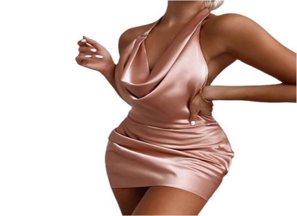 Halter Sexy Satin Bodycon мини -платья для женщин Элегантные вечерние вечерние платья для вечеринок. Кассовые клубные наряды 2021 Summer9039649