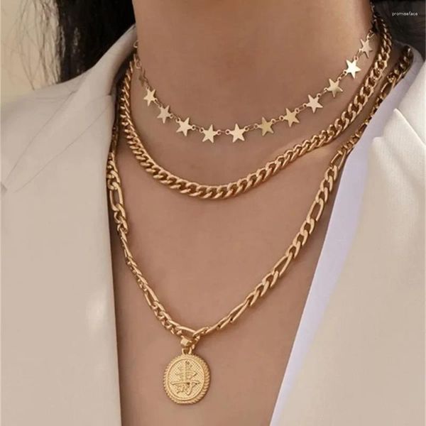 Anhänger Halskette Vintage Mode Gold-Plate Punk Star-Kette Langlebigkeit China Word Münz Halskette für Frauen weibliche Mehrheit Lucky Schmuck