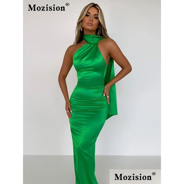 Vestidos casuais básicos mozision elegante cetim sem costas vestido maxi vestido vestido de verão halter sem mangas bodycon long club party vestido dr otiit