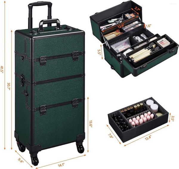 Caixas de armazenamento 3-em 1 Organizador profissional de estojo de maquiagem de rolamento profissional Organizador de viagens de carrinho de carrinho escuro verde escuro