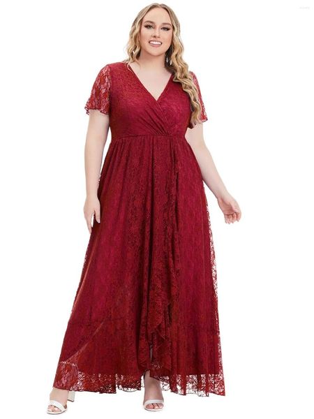 Plus Size Kleider solide Mode Frauen Chic Elegant Spitze V-Ausschnitt Ladies Brautjungfer Abendkleid Frühling Sommer