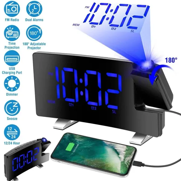 Relógios LED de projeção digital Clocks Relks Charging Projector Despertador digital com rádio FM para decoração de casa de cabeceira do quarto