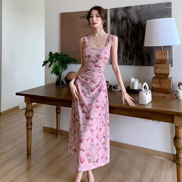 Lässige Kleider französischer Stil Retro -Mesh für Frauen rosa süße elegante Blumen -Vestidos sexy Dame trägerloser Fashion Party Kleid