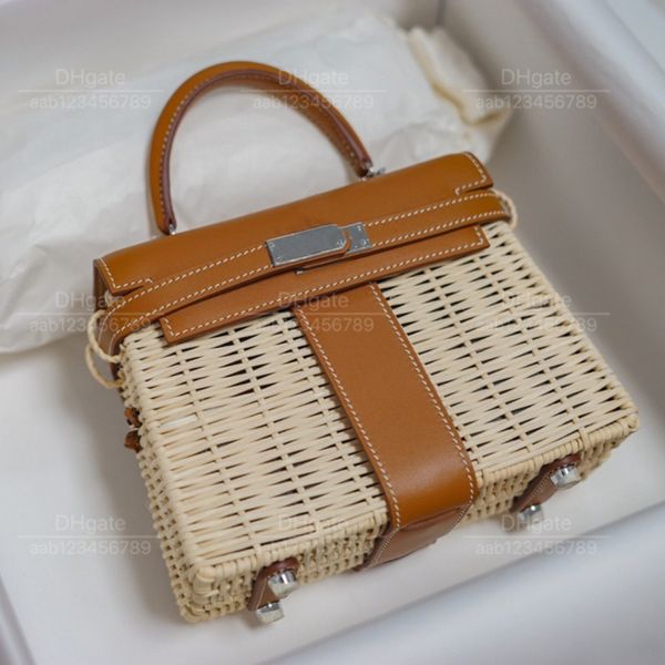 12a Specchio di lusso classico borsetta della borsa da borsetta della borsa di lusso tutta la vera vera pelle patchwork di bambù e sacchetto rattan da 20 cm a colori di colore marrone