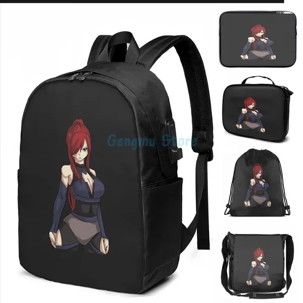 Mochila Impressão gráfica engraçada Erza scarlet 16 USB Charge Men Bags Escola Laptop de Viagem para Mulheres