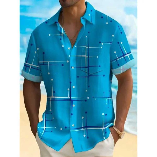 Erkekler Sıradan Gömlek Yaz Hawaii Gömlek Erkekler Vintage Geometrik Modaya Modaya Modaya Gizli Serin Moda Üstler Streç Ha Sıradan Gevşek Kısa Slves Strtwear Top Y240506