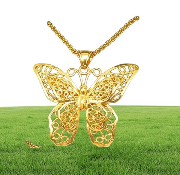 Colar de corrente pendente de borboleta oca 18k filigrana de ouro amarelo preenchido Big Jewelry Gift4883213