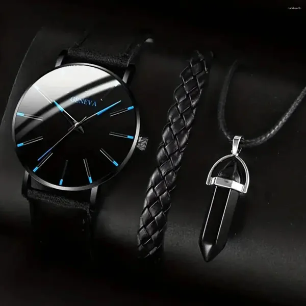 Armbanduhr 3pcs/Set Herren Mode Einfaches blaues Zifferblatt Quarz Uhr Luxus Lederarmband Halskette Ramadan Geschenkset