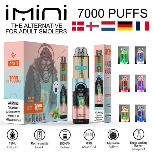 Kit di sigaretta IMINI E originale Tornado 7000 sbuffi Sigarette elettroniche usa e getta a vaporizzatura da 15 ml bobina a mesh 6 colori luminosi aggiustabili 0% 2% 3% 5% 7k puff 7000