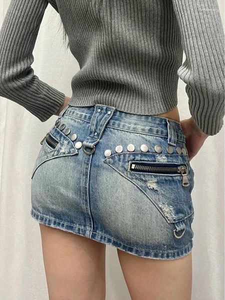 Юбки летняя женщина Японская джинсовая юбка Y2K низкий рост джинсовый груз мини -сексуальный гьяру 2000 -х