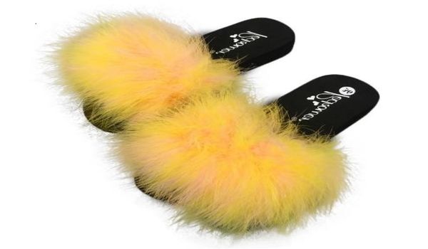 Summer mulheres avestruz chinelos de penas de penas fofy slides de peles flechas chinelas de casas planas Fuzzy Multiple Color Sexy Party Shoes T1910181812020