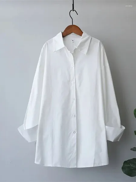 Frauenblusen Casual Bluse Frauen Tops weißes Hemd Langschläfe Schalten Sie Kragenknopf kausale lose übergroße Baumwollblau ab