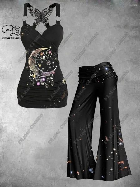 Calça feminina Plstar Cosmos 3D Arte da lua impressa Retro Print Butterfly colete largo de perna larga conjunto de duas peças