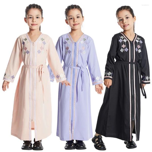 Ethnische Kleidung muslimische Kinder Mädchen Stickerei Gebet Maxi Kleid Offener Front Reißverschluss Abaya Ramadan Arabische Kinder Kaftan Long Robe Islamic Gown