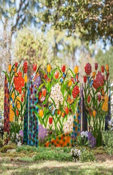 W19 metallo colorato in metallo 3panel farfalla e fiore da giardino parete pannello di recinzione Idey Fence Decoration per decorazione per giardino per esterni Q2209424