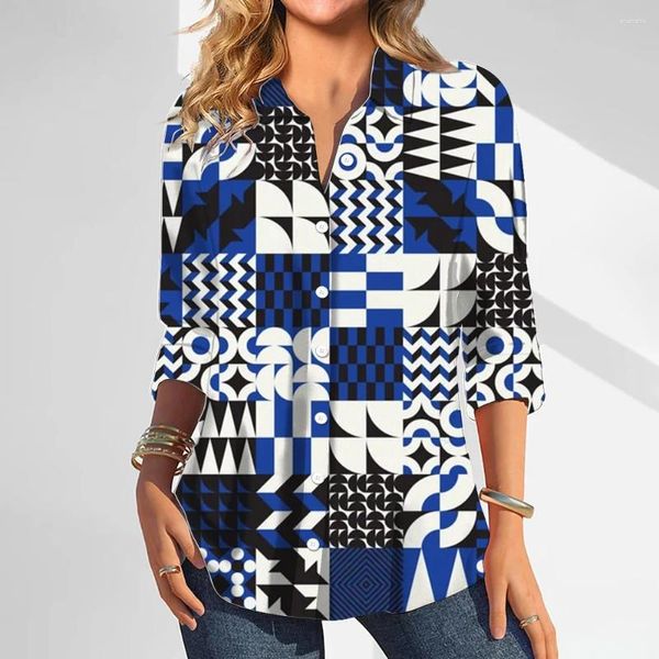 Frauenblusen Vintage Shirts Blue Geometrische Scheck -Druckknopf Langarm Shirt Fit 2024 Sommer weibliche Kleidung