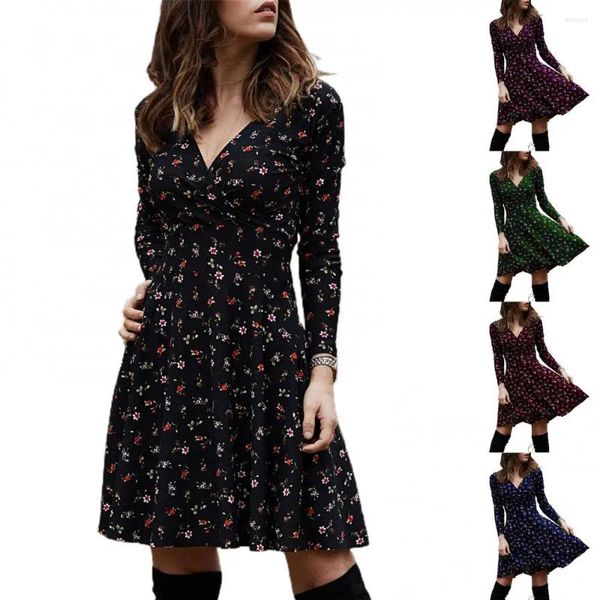 Vestidos casuais Mulheres vestidos de pescoço profundo em cola longa cintura estampa grande bainha floral mini para roupas femininas de outono