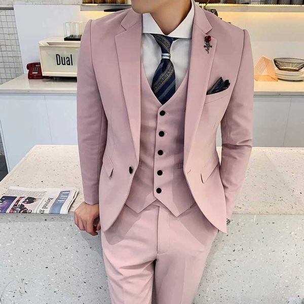 Ternos masculinos Blazers empoeirado Pink masculino Ultra Fin Set de peito único Casamento de lapela entalhada elegante roupas formais de três peças calças de jaqueta personalizadas e tanques q240507