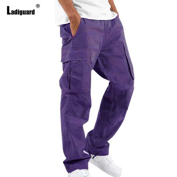 Calça masculina plus size 5xl Multi Pocket Trouser 2023 New Spring Fashion Pants Solid Solid Purple Khaki ao ar livre Esportes de lazer para homens J240507