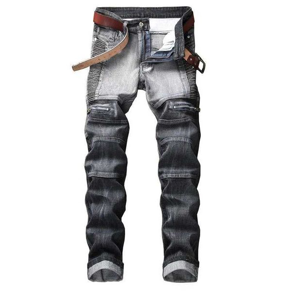 Jeans maschile 2020 High Quty maschi casual jeans ricoperto di motociclisti a pieghe con piegatura dritta con rivestimento maschio pantaloni casual in denim più dimensioni 42 T240507