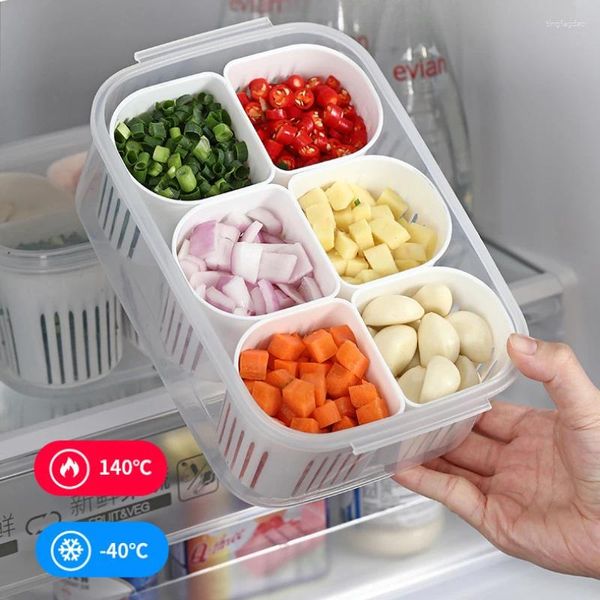 Garrafas de armazenamento 6 células Organizador de alimentos para refrigerador de cozinha frutas de alho de alho cesta de escorriner de pimenta multifuncional com tampa