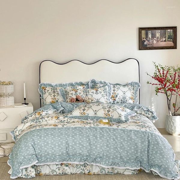 Bedding Sets Cotton Blue Pastoral Style Flowers Princied Duvet Capa Ultra Soft Lace Ruffle Edge Bed Sheet 2PillowCases 4pcs