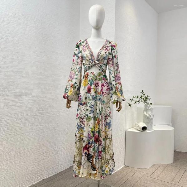 Lässige Kleider mehrfarbig Blumen Schmetterling Print gegen Nacken Langarm geschnitten Diamanten gepresstes Midi Frauen Kleid