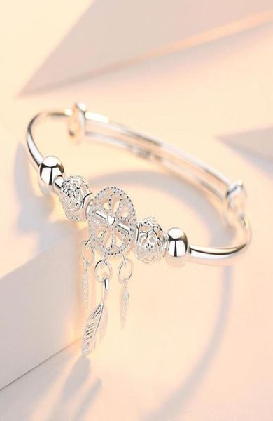 Bangle 999 Sterling Silver Women Ajustável Mulheres Elegantes Jóias SL209 Dreamcatcher Tassel Feather Round Bead Charm Brangelet Bangle FO2056445