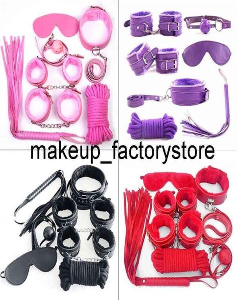 Massagem 7pcs 8pcs Acessórios exóticos Conjunto de bondagem sexual de nylon y lingerie handcuffs chicote chicote brinquedos adultos para casais2459936