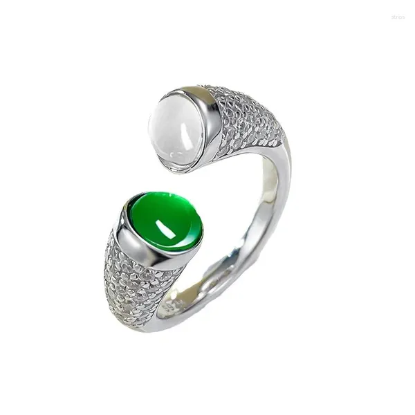 Anelli di cluster S925 Anello d'argento set con calcedone verde giada alto Faccia di uova rotonda 6.0 Gioielli boutique agati per donne