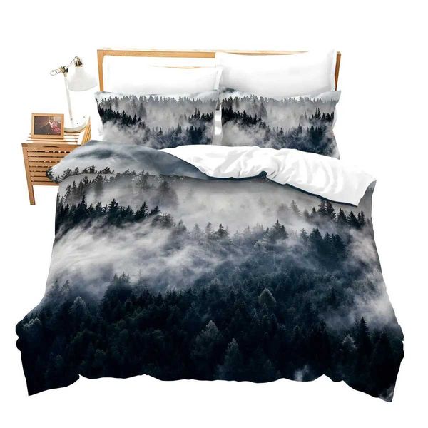 Bettwäsche Sets Bergbett Set Wald Down Duvet Cover groß/großer natürlicher Szene graue Baumkunst Volkstil 2/3 Stück Polyester Komfort Cover J240507