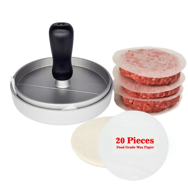 Grills Aluminium antinstick Burger Press Hamburger Patty Maker com 100 papéis de cera para churrasco por atacado