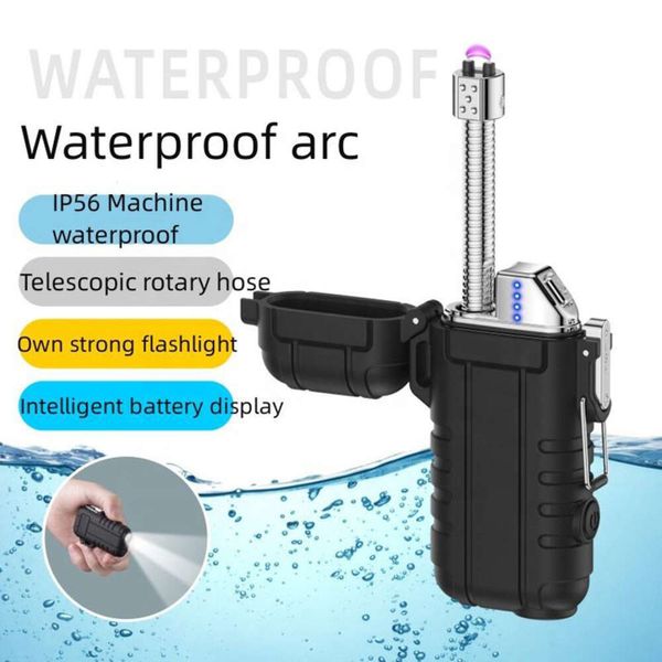 Hot Sell Impervoférico à prova d'água com lanterna de lanterna USB Recarregável Arco sem chamado isqueiro com picada de sobrevivência acampamento