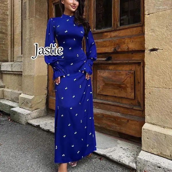 Abiti casual Jastie Women 2024 Abito stampato Stampato a collo rotondo manica lunga Maxi autunno alla moda Drapo di raso