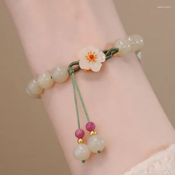 Braccialetti di fascino giada fiore di pesca per donne ragazze cinese di moda antica rossa perle di agata bracciale intrecciata per la corda a mano regalo