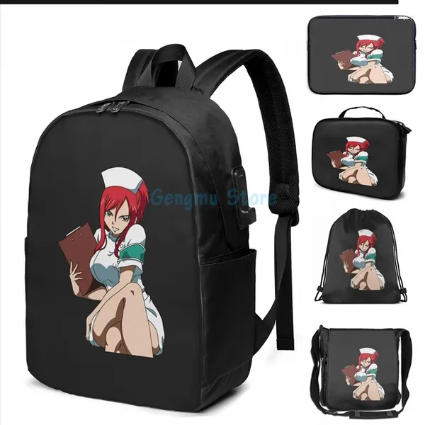 Mochila Impressão gráfica engraçada Erza Scarlet em uniforme USB Charge Men Bags Escola Bag Laptop de Viagem