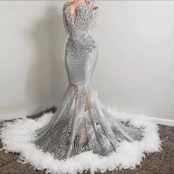 Sparkly Silver Seilden Sequined Prom Prompes Promes Beadered Peathers Long очаровательное выпускное платье для чернокожих девушек 2024 Иллюзия сексуальные блеск вечерние платья