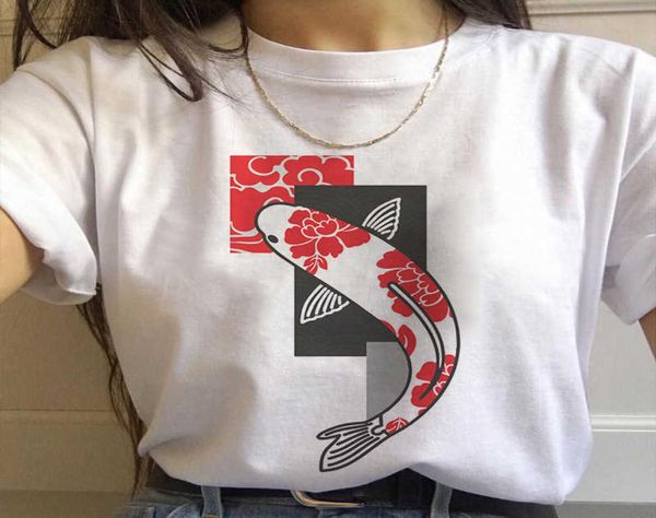 Япония кои рыбная графическая принт футболка Women 2020 New Summer Fashion Белая топа